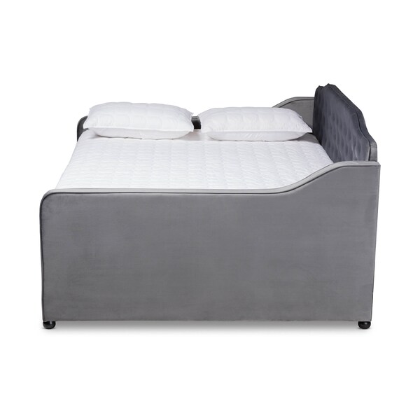 Baxton Studio Freda Grey Velvet and Button Tufted Queen Size Daybed with Trundle - 164-10411