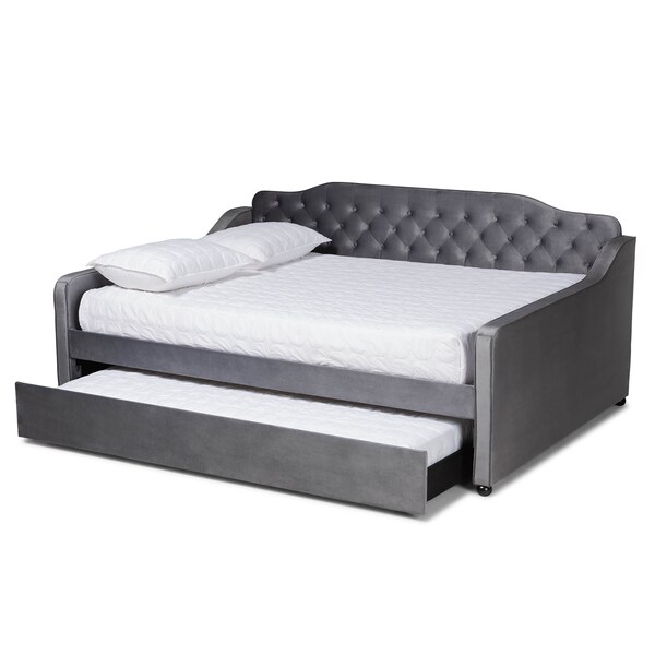 Baxton Studio Freda Grey Velvet and Button Tufted Queen Size Daybed with Trundle - 164-10411