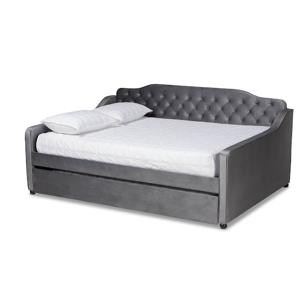 Baxton Studio Freda Grey Velvet and Button Tufted Queen Size Daybed with Trundle - 164-10411