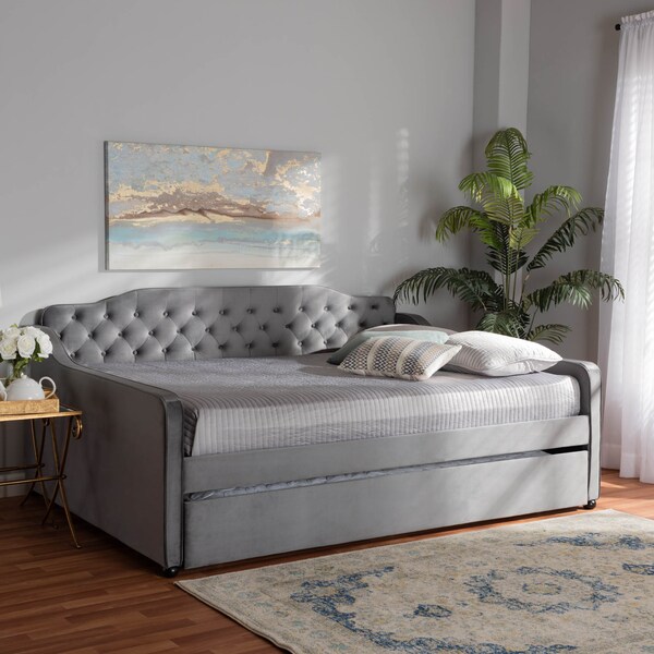 Baxton Studio Freda Grey Velvet and Button Tufted Queen Size Daybed with Trundle - 164-10411