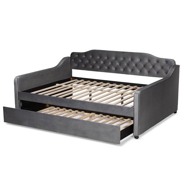 Baxton Studio Freda Grey Velvet and Button Tufted Queen Size Daybed with Trundle - 164-10411