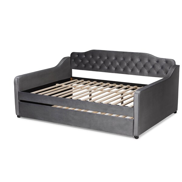 Baxton Studio Freda Grey Velvet and Button Tufted Queen Size Daybed with Trundle - 164-10411