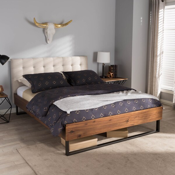Baxton Studio Mitchell Wood Beige Dark Metal King Size Platform Bed - 136-7357