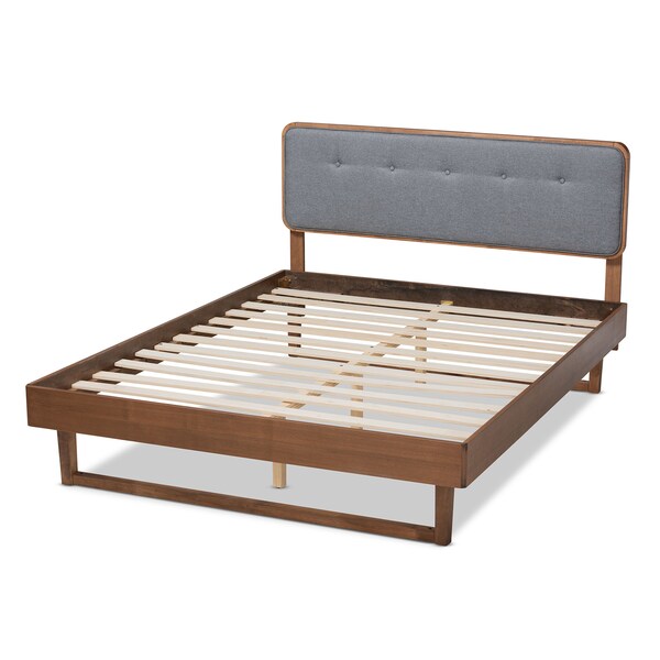 Baxton Studio Natalia Dark Grey Upholstered and Walnut Wood Queen Size Platform Bed - 167-9411-9438