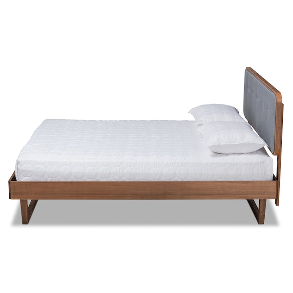 Baxton Studio Natalia Dark Grey Upholstered and Walnut Wood Queen Size Platform Bed - 167-9411-9438