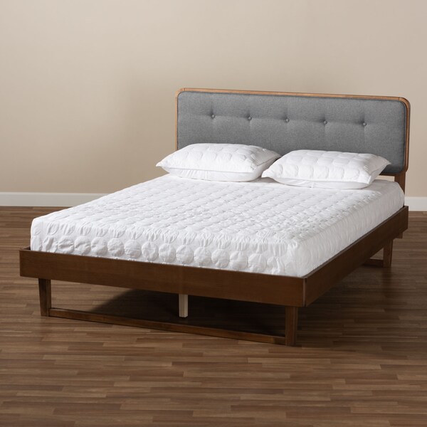 Baxton Studio Natalia Dark Grey Upholstered and Walnut Wood Queen Size Platform Bed - 167-9411-9438