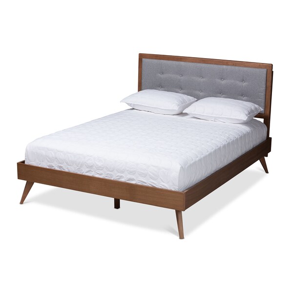 Baxton Studio Ines Light Grey Upholstered Walnut Finished King Size Platform Bed - 156-9409-9436
