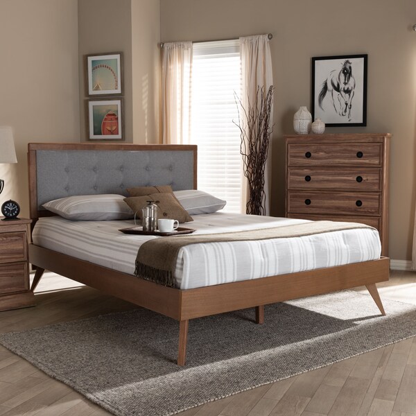 Baxton Studio Ines Light Grey Upholstered Walnut Finished King Size Platform Bed - 156-9409-9436