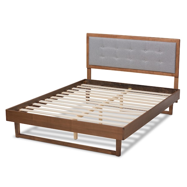 Baxton Studio Viviana Grey Upholstered and Walnut Wood Queen Size Platform Bed - 167-9411-9435