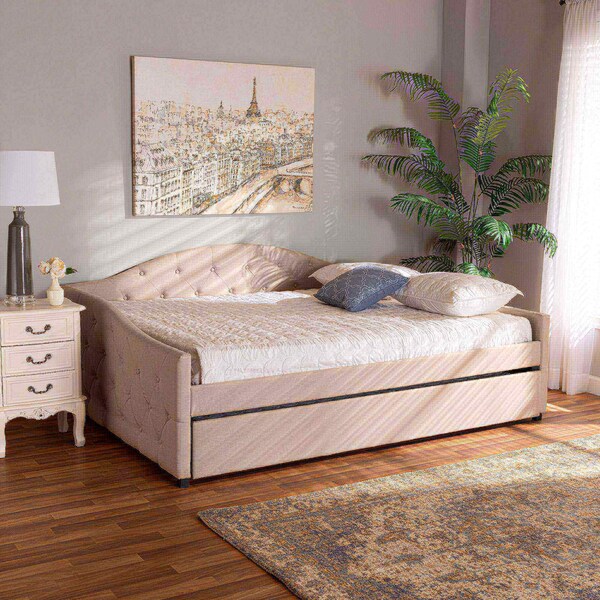 Baxton Studio Becker Modern and Contemporary Transitional Beige Fabric Queen Size Daybed with Trundle - 184-11091-ZORO