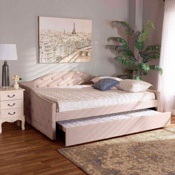 Baxton Studio Becker Modern and Contemporary Transitional Beige Fabric Queen Size Daybed with Trundle - 184-11091-ZORO