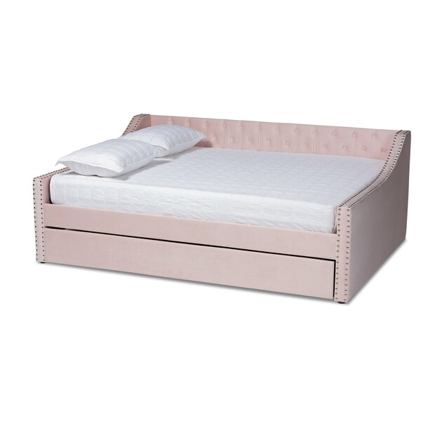 Baxton Studio Raphael Modern and Contemporary Pink Velvet Fabric Full Size Daybed with Trundle - 187-11482-ZORO