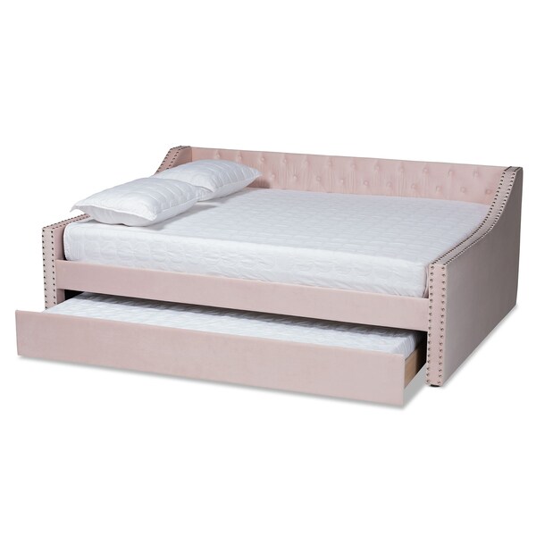 Baxton Studio Raphael Modern and Contemporary Pink Velvet Fabric Full Size Daybed with Trundle - 187-11482-ZORO