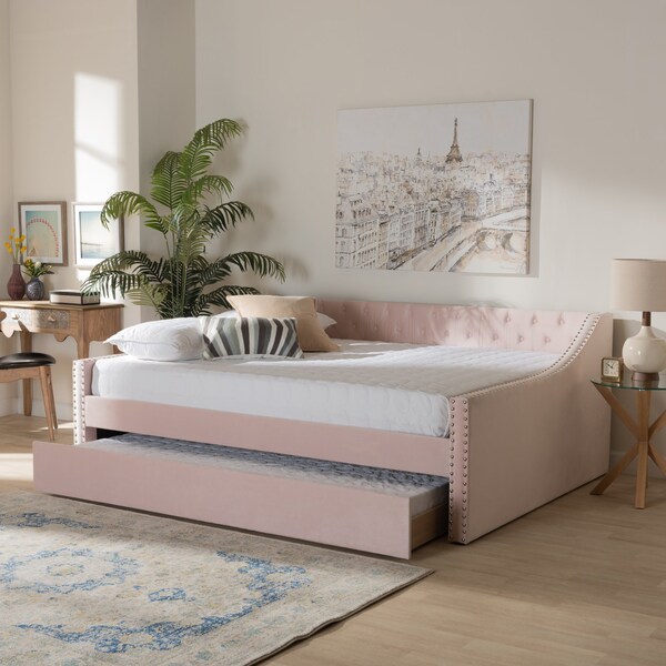 Baxton Studio Raphael Modern and Contemporary Pink Velvet Fabric Full Size Daybed with Trundle - 187-11482-ZORO