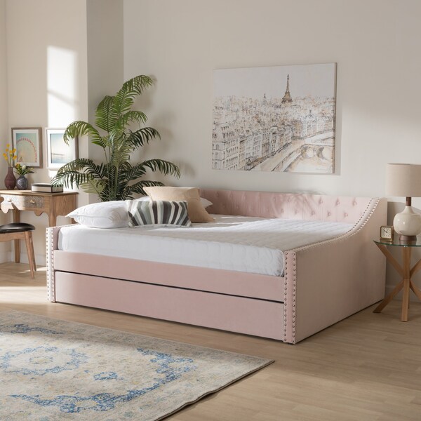 Baxton Studio Raphael Modern and Contemporary Pink Velvet Fabric Full Size Daybed with Trundle - 187-11482-ZORO