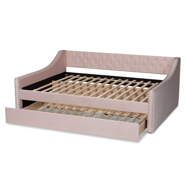 Baxton Studio Raphael Modern and Contemporary Pink Velvet Fabric Full Size Daybed with Trundle - 187-11482-ZORO