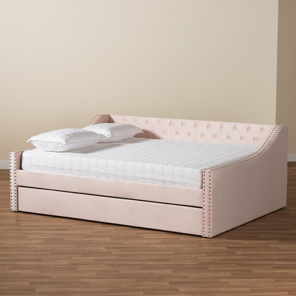 Baxton Studio Raphael Modern and Contemporary Pink Velvet Fabric Full Size Daybed with Trundle - 187-11482-ZORO
