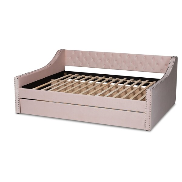 Baxton Studio Raphael Modern and Contemporary Pink Velvet Fabric Full Size Daybed with Trundle - 187-11482-ZORO