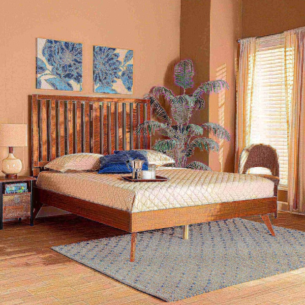 Baxton Studio Saki Mid-Century Modern Walnut Brown Finished Wood Full Size Platform Bed - 186-11135-9407-ZORO