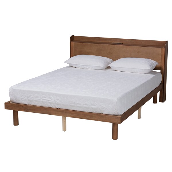 Baxton Studio Decker MidCentury  Walnut Brown Finished Wood Full Size Platform Bed with Charging Station - 217-11893-ZORO
