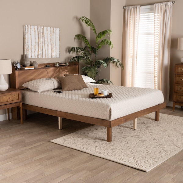 Baxton Studio Decker MidCentury  Walnut Brown Finished Wood Full Size Platform Bed with Charging Station - 217-11893-ZORO