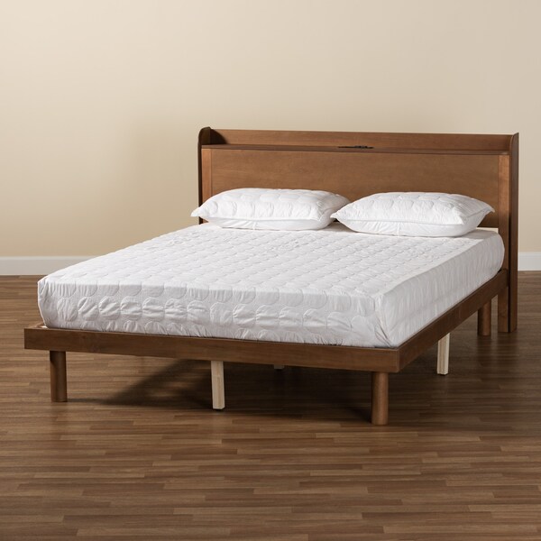Baxton Studio Decker MidCentury  Walnut Brown Finished Wood Full Size Platform Bed with Charging Station - 217-11893-ZORO