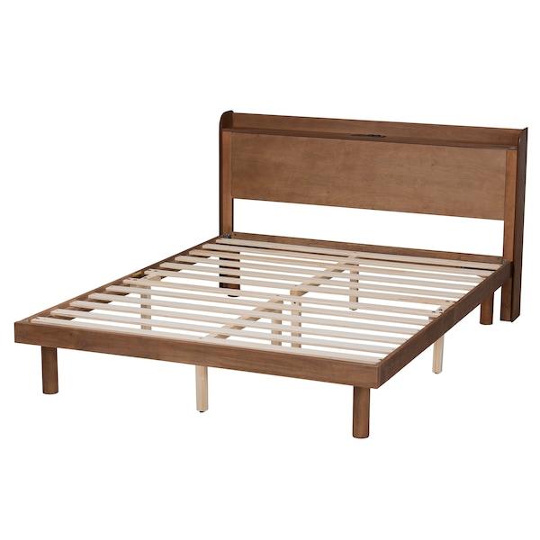 Baxton Studio Decker MidCentury  Walnut Brown Finished Wood Full Size Platform Bed with Charging Station - 217-11893-ZORO