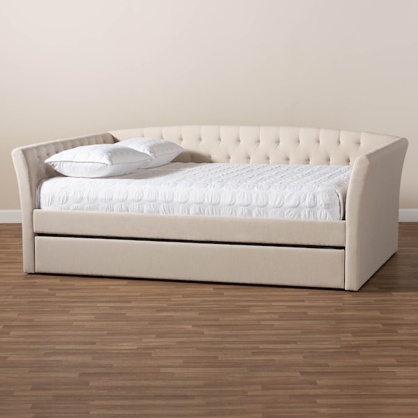 Baxton Studio Delora Beige Upholstered Queen Size Daybed with Roll-Out Trundle Bed - 158-9667