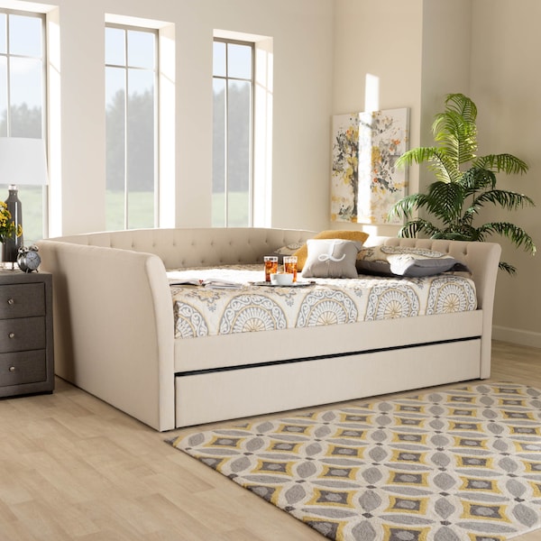 Baxton Studio Delora Beige Upholstered Queen Size Daybed with Roll-Out Trundle Bed - 158-9667