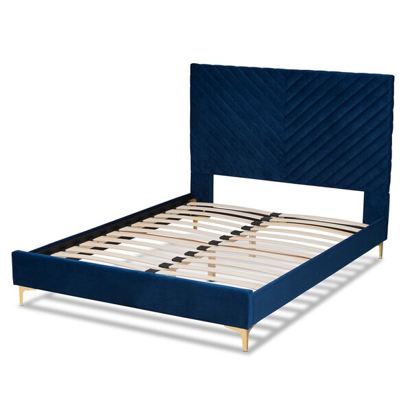 Baxton Studio Fabrico Glam and Luxe Navy Blue Velvet Upholstered and Gold Metal King Size Platform Bed - 214-10942-ZORO