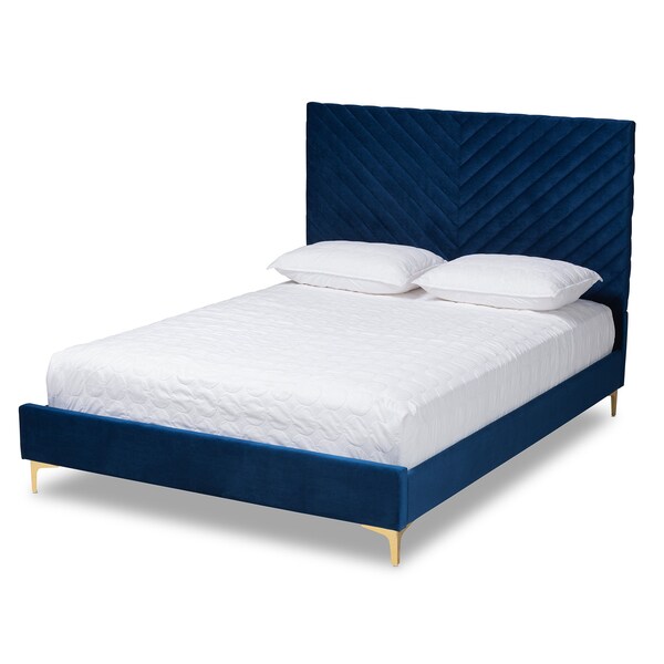 Baxton Studio Fabrico Glam and Luxe Navy Blue Velvet Upholstered and Gold Metal King Size Platform Bed - 214-10942-ZORO