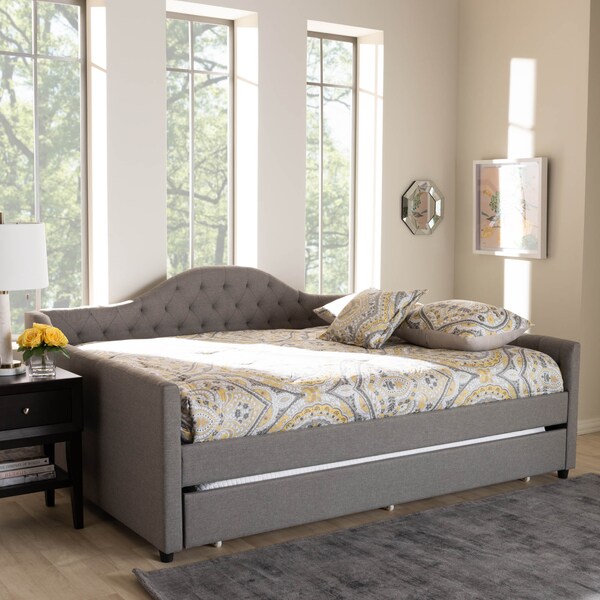 Baxton Studio Eliza Grey Upholstered Queen Size Daybed with Trundle - 147-8718