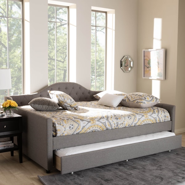 Baxton Studio Eliza Grey Upholstered Queen Size Daybed with Trundle - 147-8718
