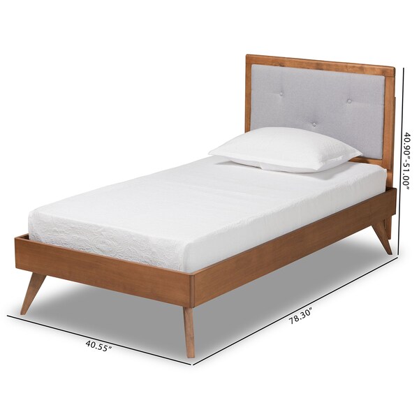 Baxton Studio Laima Mid-Century Light Grey Fabric Upholstered and Walnut Brown Finished Wood Platform Bed-Twin - 191-11522-11159-ZORO
