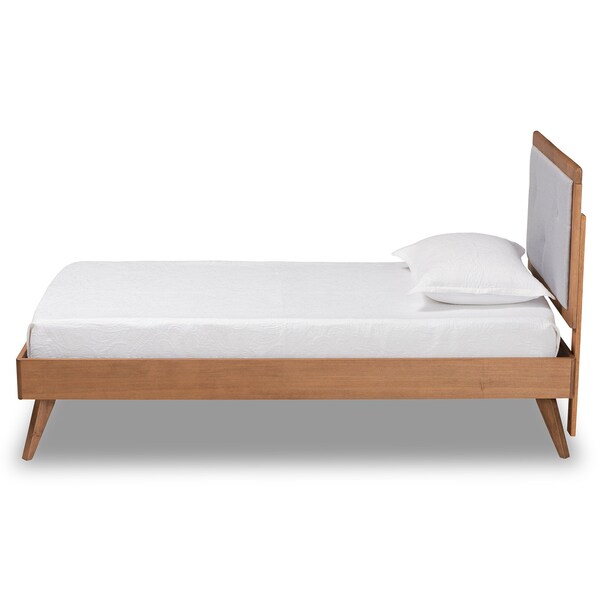 Baxton Studio Laima Mid-Century Light Grey Fabric Upholstered and Walnut Brown Finished Wood Platform Bed-Twin - 191-11522-11159-ZORO