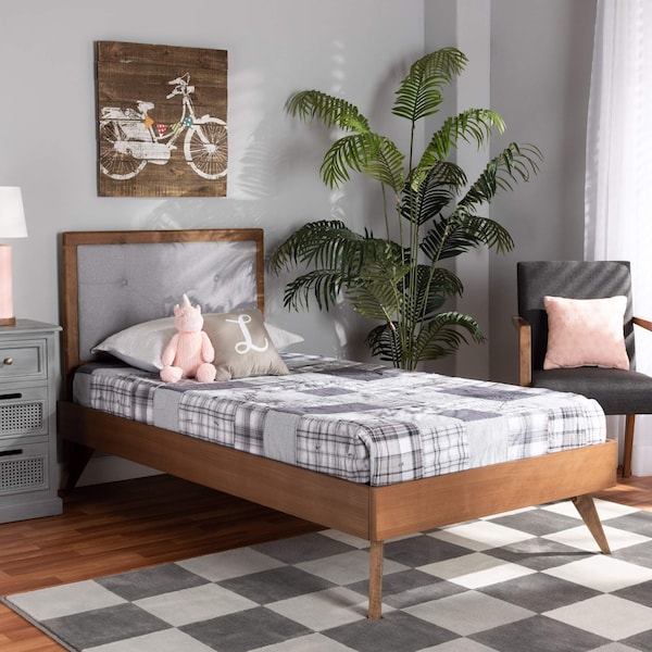 Baxton Studio Laima Mid-Century Light Grey Fabric Upholstered and Walnut Brown Finished Wood Platform Bed-Twin - 191-11522-11159-ZORO