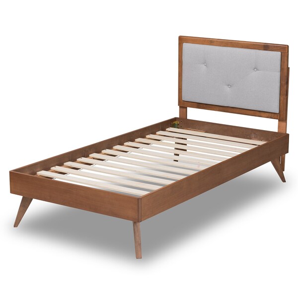 Baxton Studio Laima Mid-Century Light Grey Fabric Upholstered and Walnut Brown Finished Wood Platform Bed-Twin - 191-11522-11159-ZORO