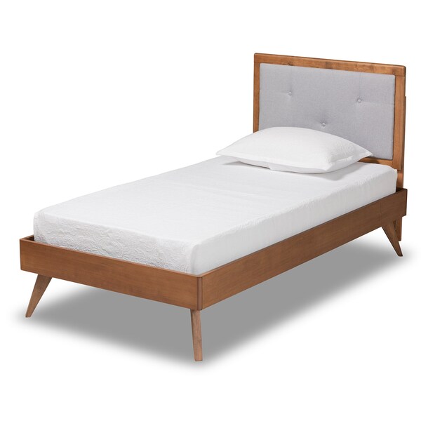 Baxton Studio Laima Mid-Century Light Grey Fabric Upholstered and Walnut Brown Finished Wood Platform Bed-Twin - 191-11522-11159-ZORO