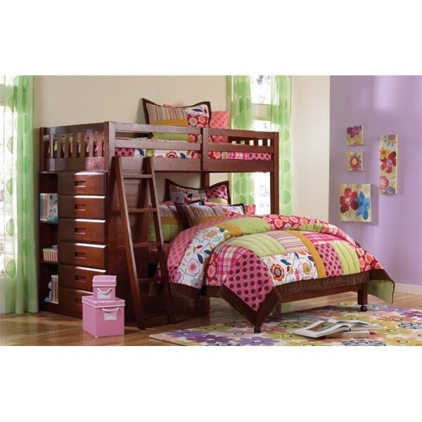 Pivot Direct PivotDirect PD-2805 Twin Loft & Full Size Bed with 6 Drawer Chest & Bookcase in Merlot - PD_2805