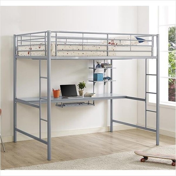 Walker Edison Furniture Walker Edison BDOZSL Premium Metal Full Size Loft Bed with Wood Workstation - Silver - BDOZSL