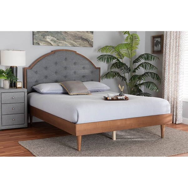 Baxton Studio Ardelle Mid-Century Modern Grey Fabric and Walnut Brown Wood Queen Size Platform Bed - 246-12652-9814-ZORO