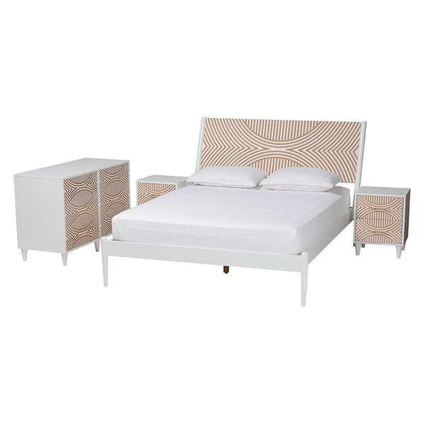 Baxton Studio Louetta Coastal White Caved Contrasting King Size 4-Piece Bedroom Set - 246-13624-13628-13628-13625-ZORO
