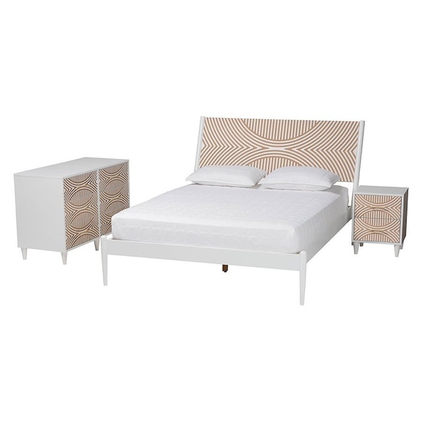 Baxton Studio Louetta Coastal White Caved Contrasting King Size 3-Piece Bedroom Set - 246-13624-13628-13625-ZORO