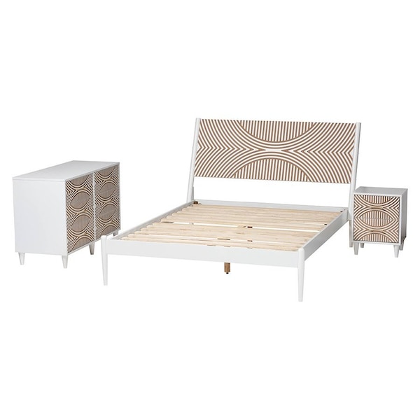 Baxton Studio Louetta Coastal White Caved Contrasting King Size 3-Piece Bedroom Set - 246-13624-13628-13625-ZORO