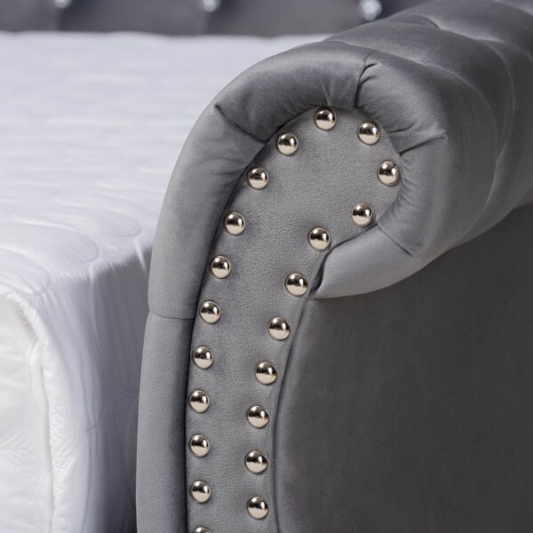 Baxton Studio Abbie Grey Velvet and Crystal Tufted Queen Size Daybed - 164-10425
