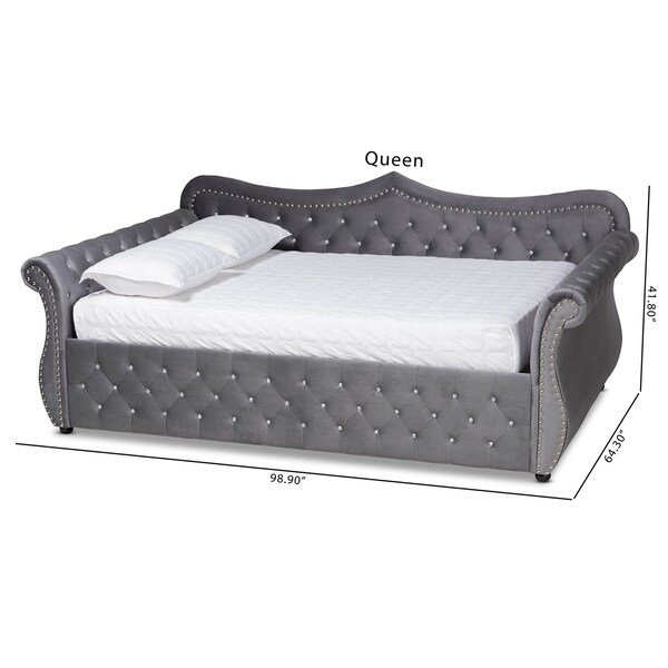 Baxton Studio Abbie Grey Velvet and Crystal Tufted Queen Size Daybed - 164-10425