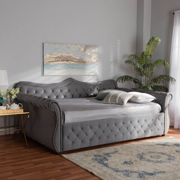 Baxton Studio Abbie Grey Velvet and Crystal Tufted Queen Size Daybed - 164-10425