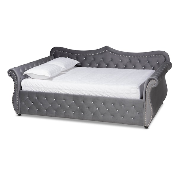 Baxton Studio Abbie Grey Velvet and Crystal Tufted Queen Size Daybed - 164-10425
