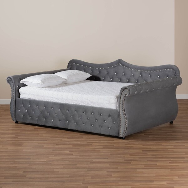 Baxton Studio Abbie Grey Velvet and Crystal Tufted Queen Size Daybed - 164-10425