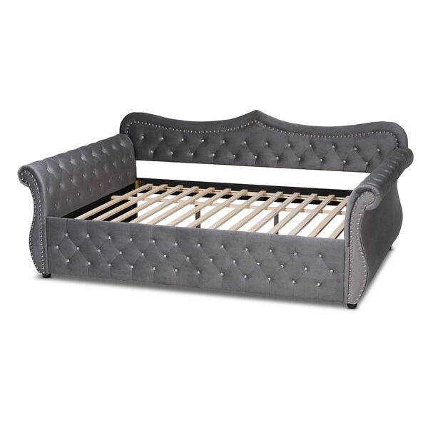 Baxton Studio Abbie Grey Velvet and Crystal Tufted Queen Size Daybed - 164-10425